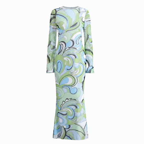 A long-sleeve maxi dress with a retro abstract swirl pattern in shades of green, light blue, gray, and white, shown against a plain white background.
