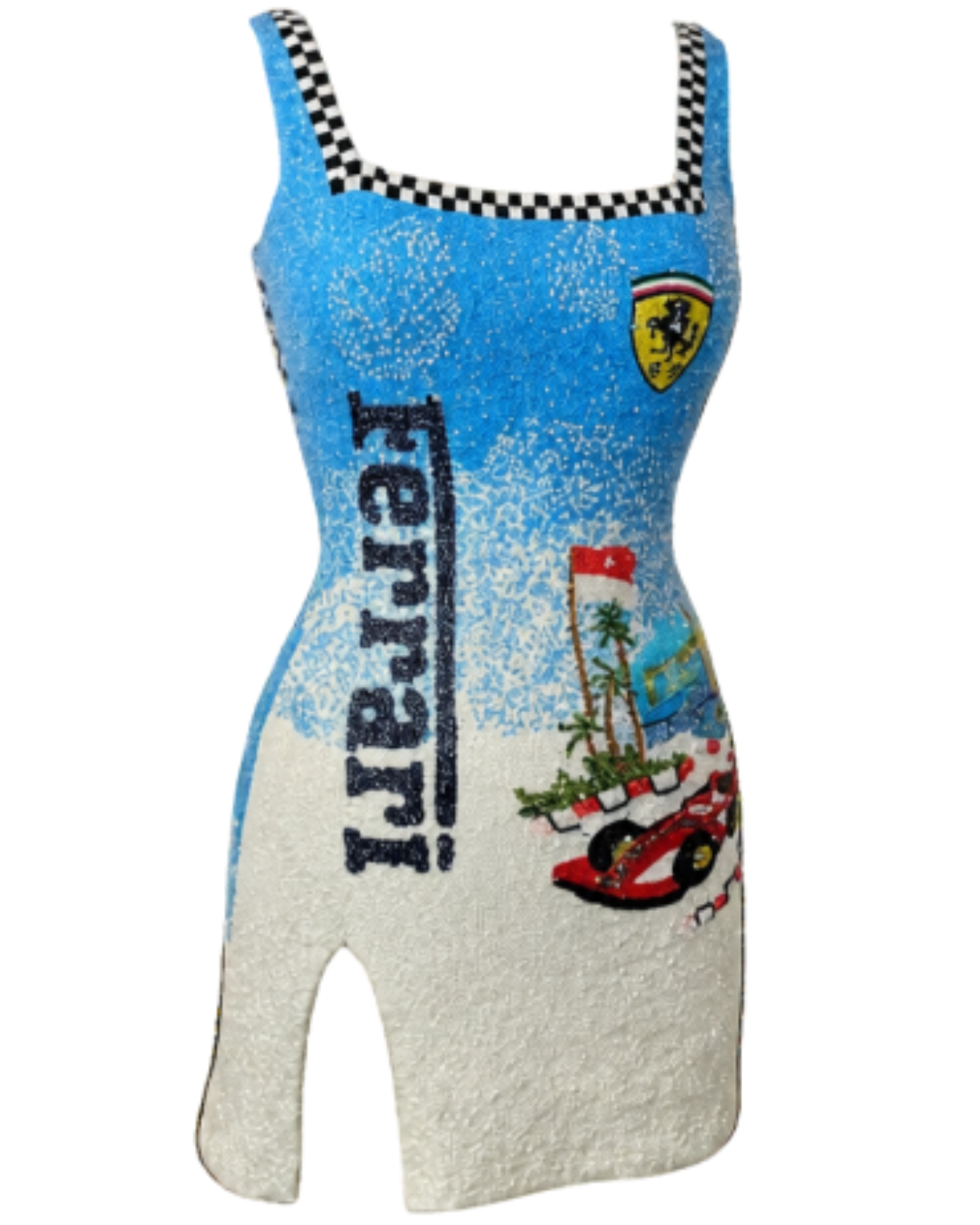 A vintage-style Ferrari knit dress with a blue and white speckled pattern, featuring the  F1 Formula 1  Ferrari logo, 'Ferrari' text, a checkered neckline, and a red race car graphic.